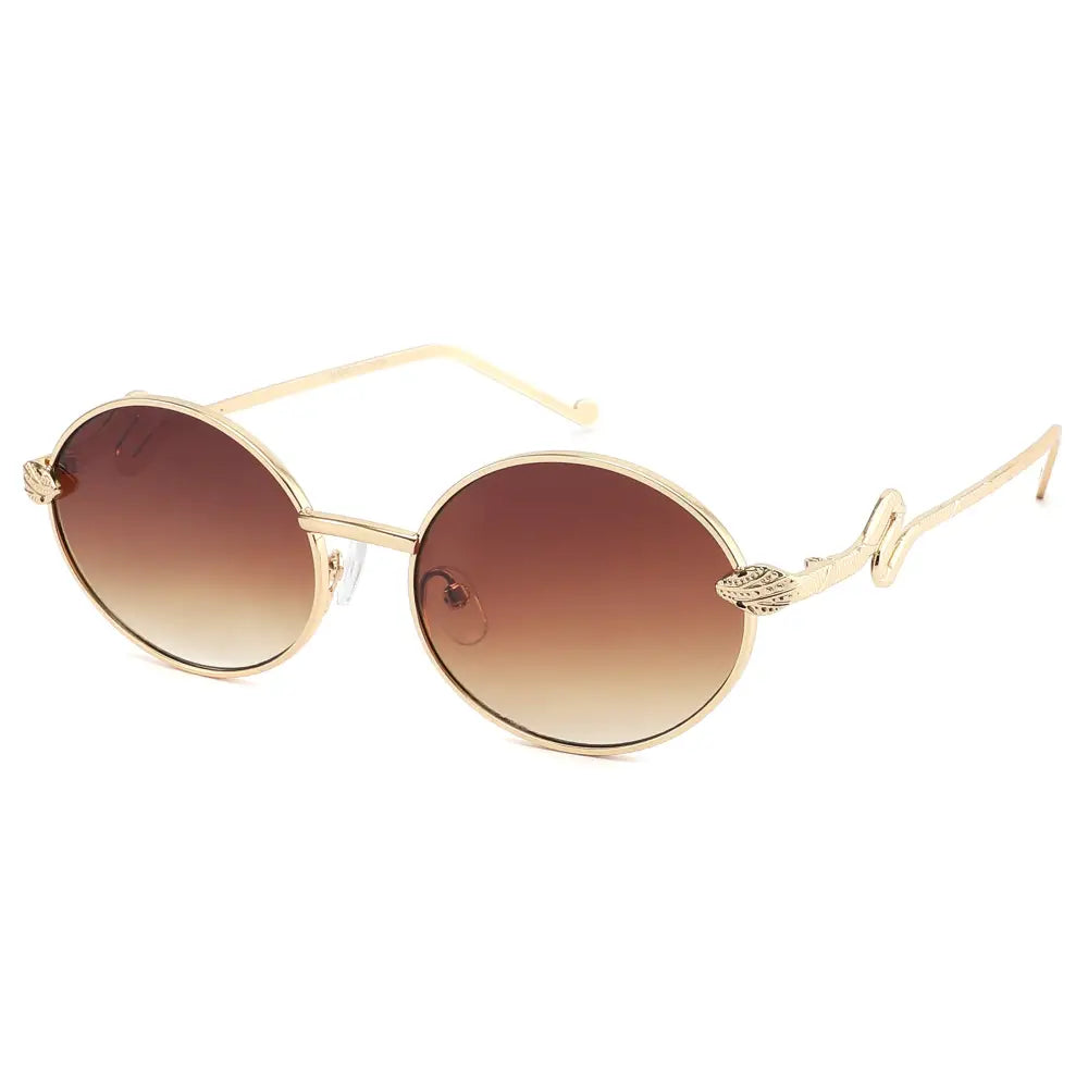 Gafas de sol redondas doradas con lentes degradados marrones y adornos ornamentados en forma de hoja en las varillas, juego de 12