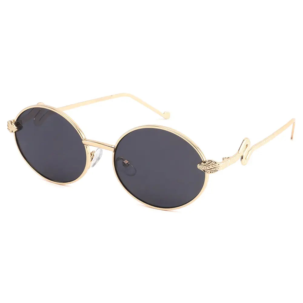 Juego de 12 gafas de sol redondas doradas con lentes gris oscuro y detalles metálicos ornamentados en forma de hoja en las varillas