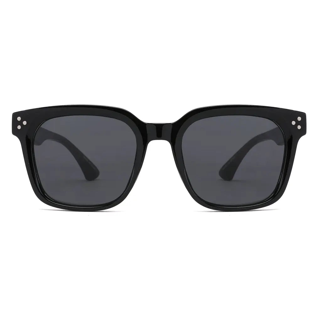 Black square-framed sunglasses with dark gray lenses and small white dots on the temples set of 12 sa1205