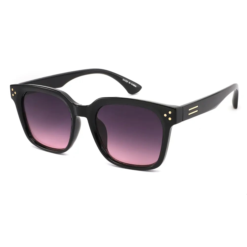 Set of 12 black square-framed sunglasses with gradient purple-to-pink lenses and gold-tone accents on the temples