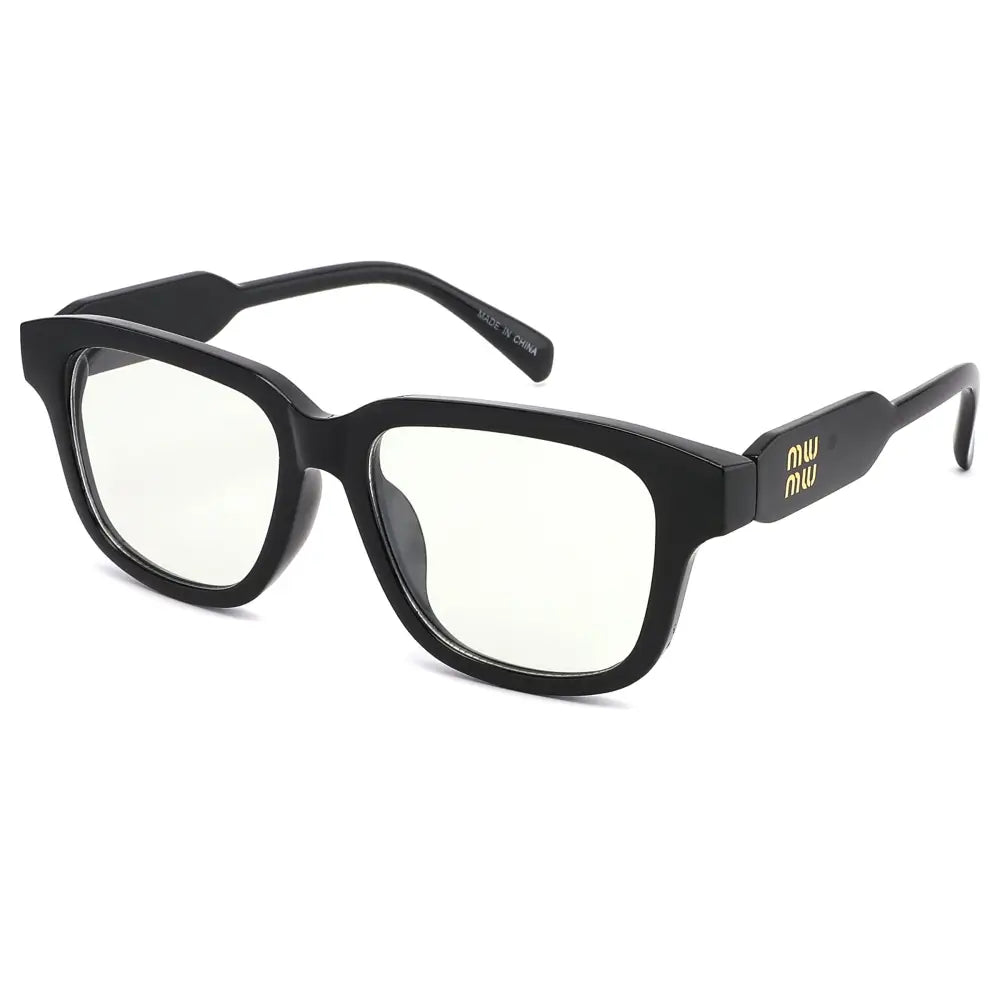 Black rectangular-framed glasses set of 12 with gold detailing on the temples and clear lenses