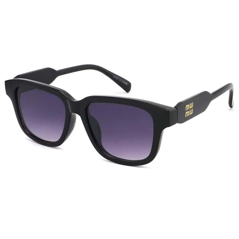 Black square-framed sunglasses with gradient purple lenses and a gold logo on the temple in a set of 12