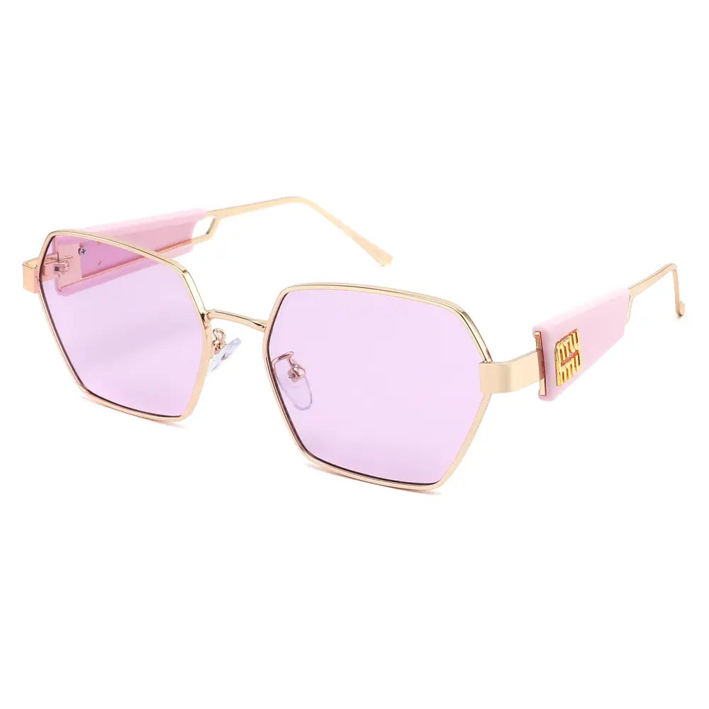 Pink hexagonal sunglasses with gold-tone metal frames and a branded logo on the temple in a set of 12