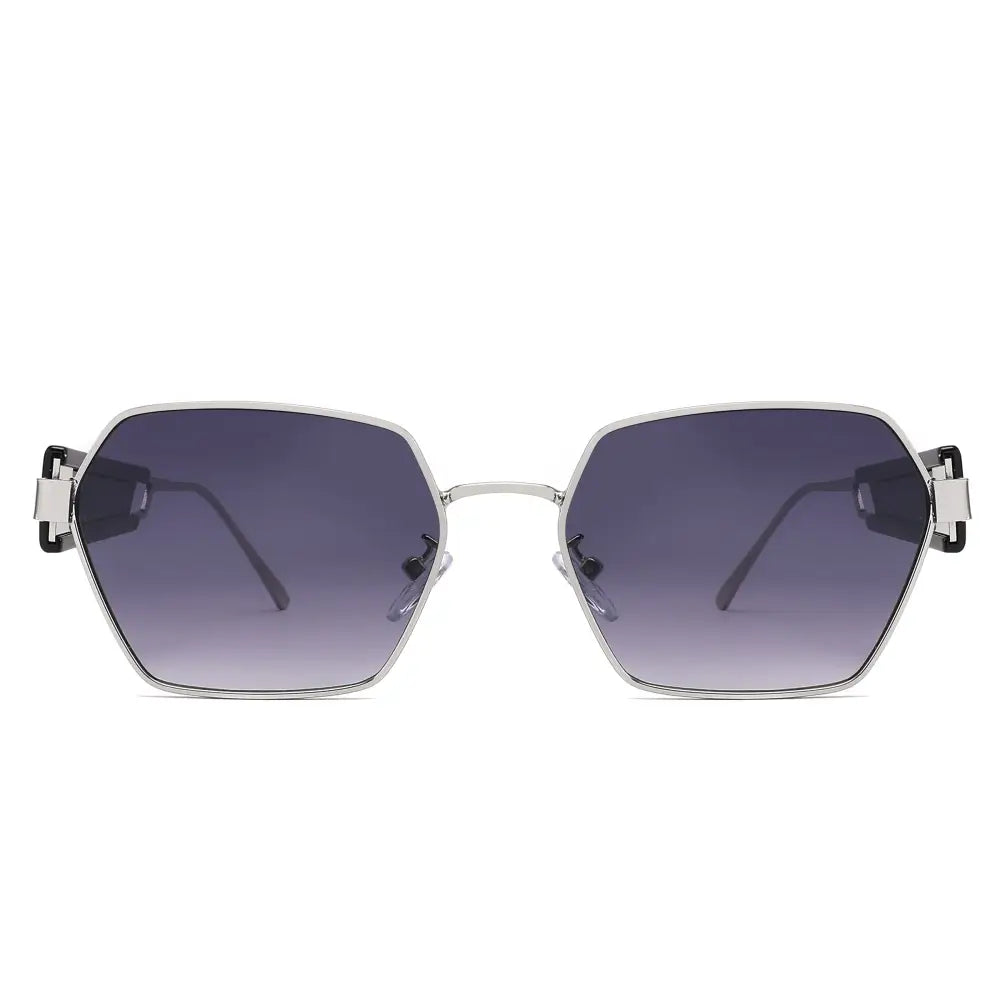 Silver-framed hexagonal sunglasses with gradient gray lenses and black temple tips sa1209 set of 12