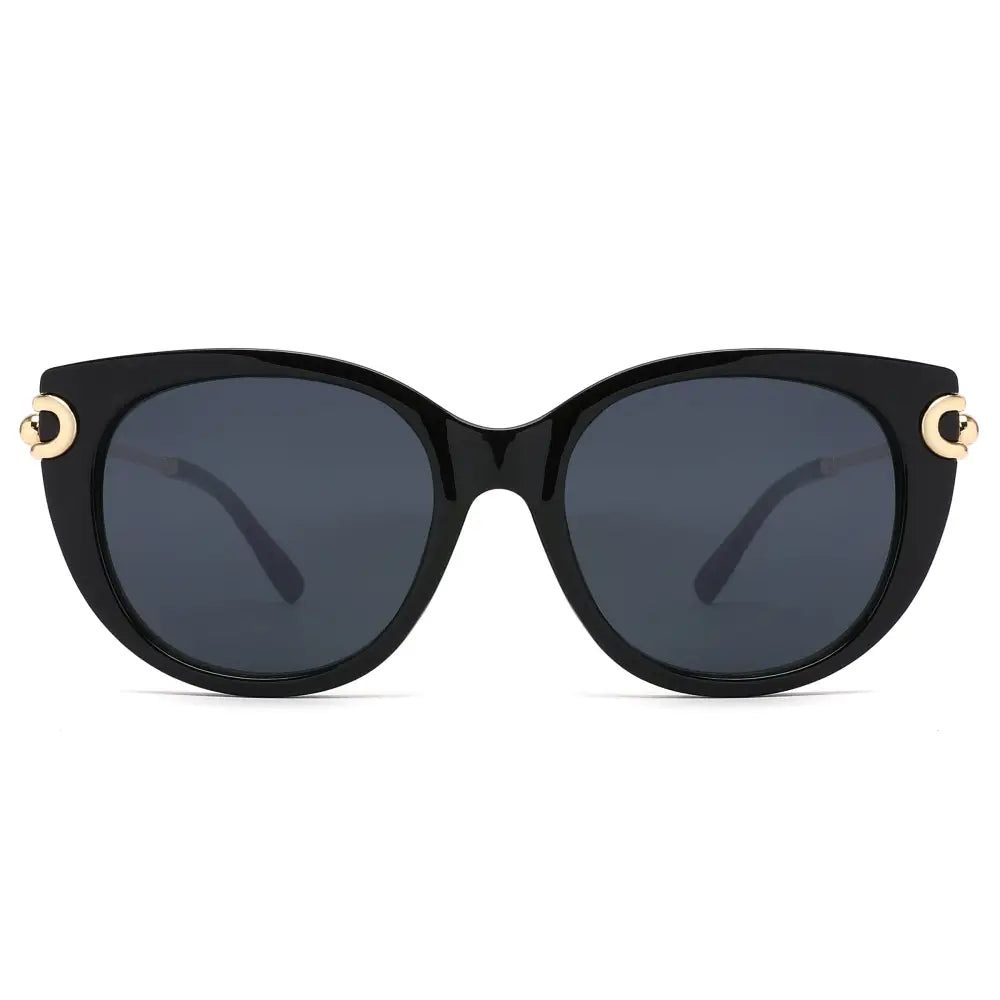 Juego de 12 gafas de sol ojo de gato de acetato negro con detalles circulares dorados en las varillas y lentes gris oscuro