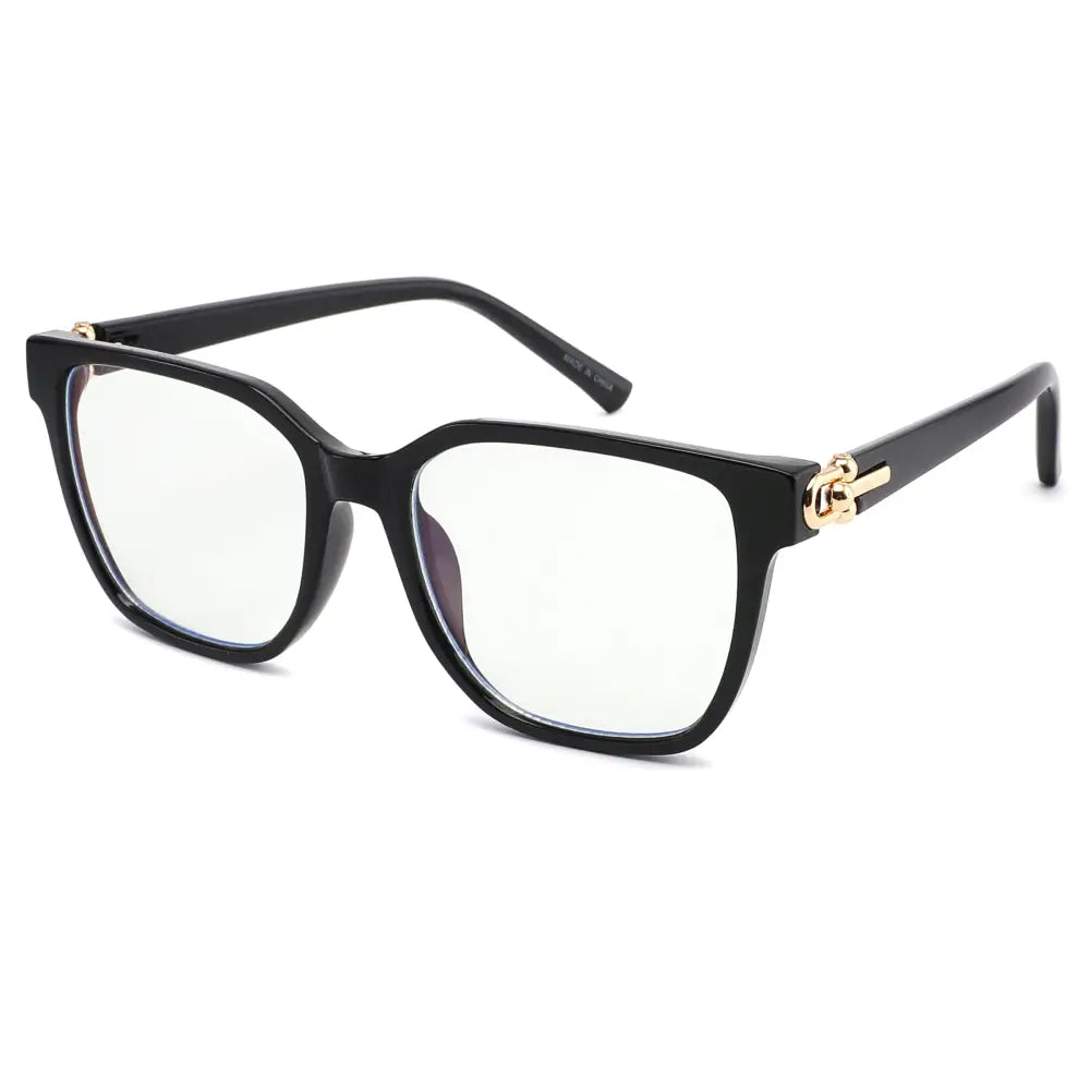 Black rectangular glasses with blue light lenses and gold-tone metal accents on the temples in a set of 12
