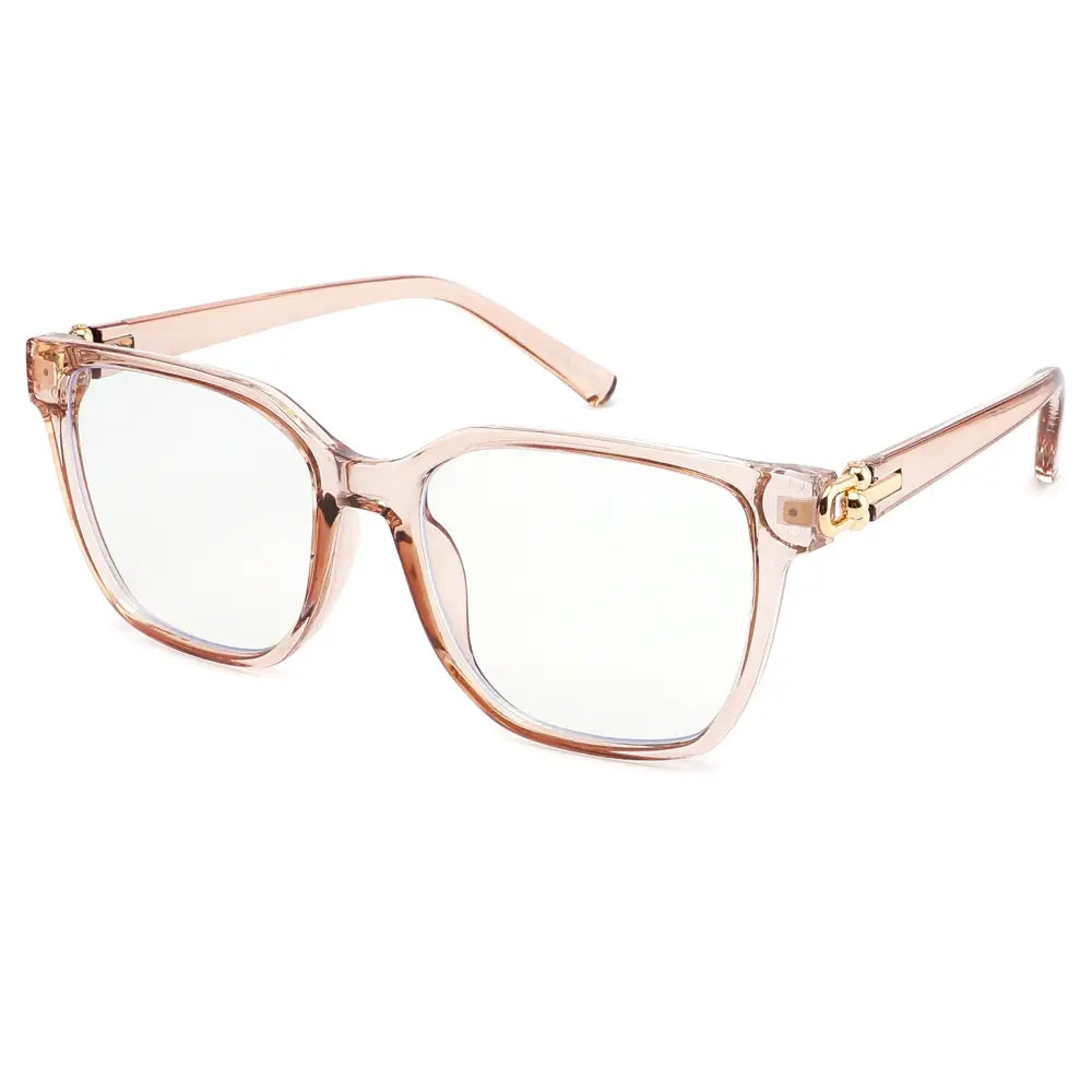 Rectangular transparent rose gold-framed glasses with gold-tone bridge and temple hinges with blue light lenses set of 12