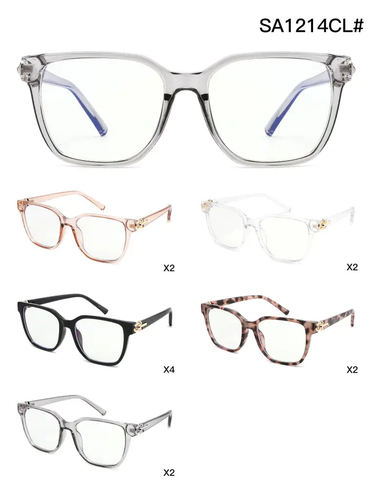 Clear rectangular-framed glasses with blue light lenses, subtle blue tint on inner arms, and gold-tone accents at temples