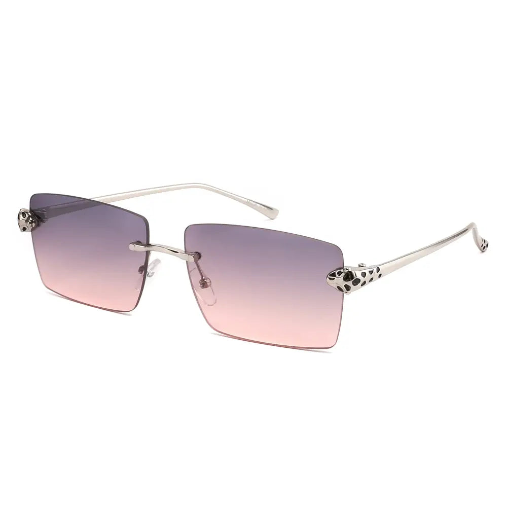 Silver-framed rectangular sunglasses with gradient pink to purple lenses and leopard-print temple tips set of 12