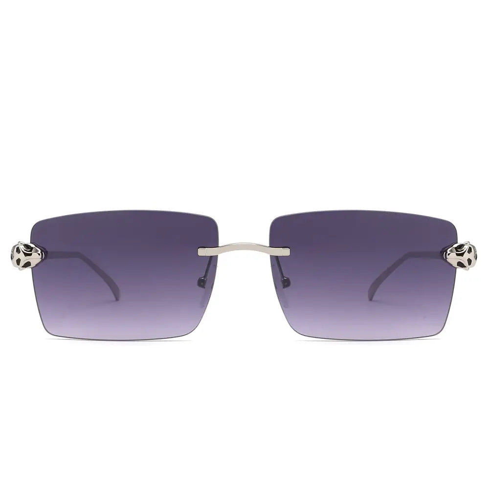 Rectangular silver-framed sunglasses with gradient purple lenses and leopard-head embellishments on temples set of 12