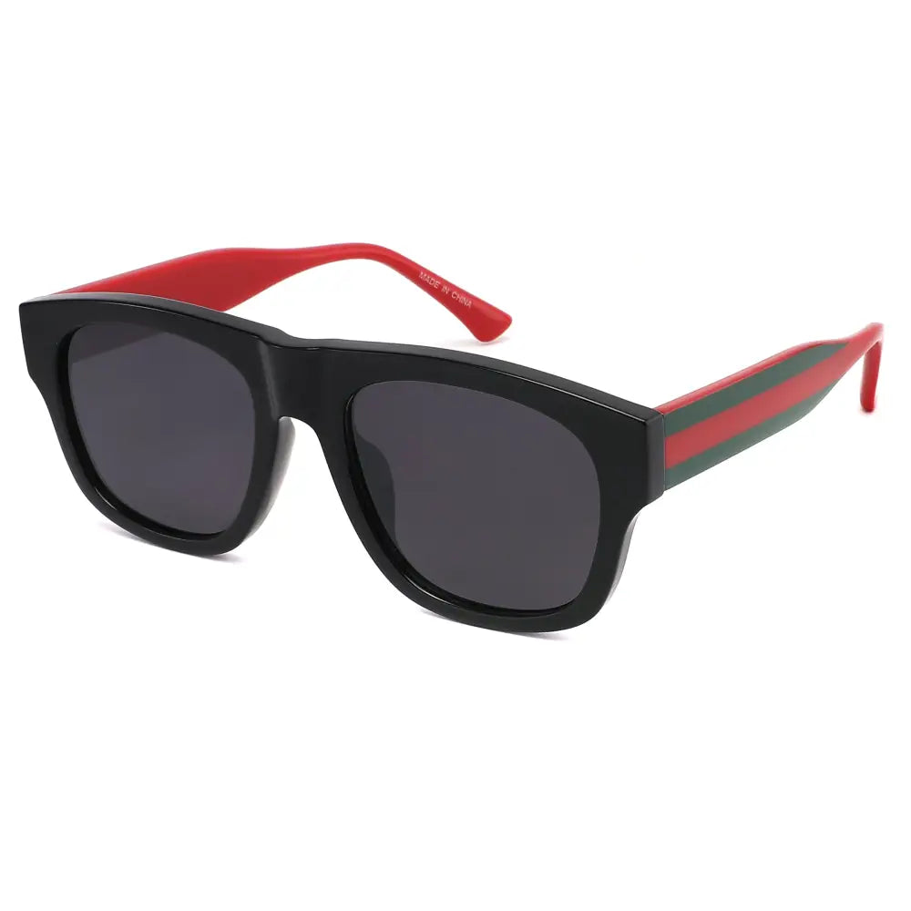 Juego de 12 gafas de sol rectangulares negras con lentes gris oscuro y terminales a rayas rojas y verdes