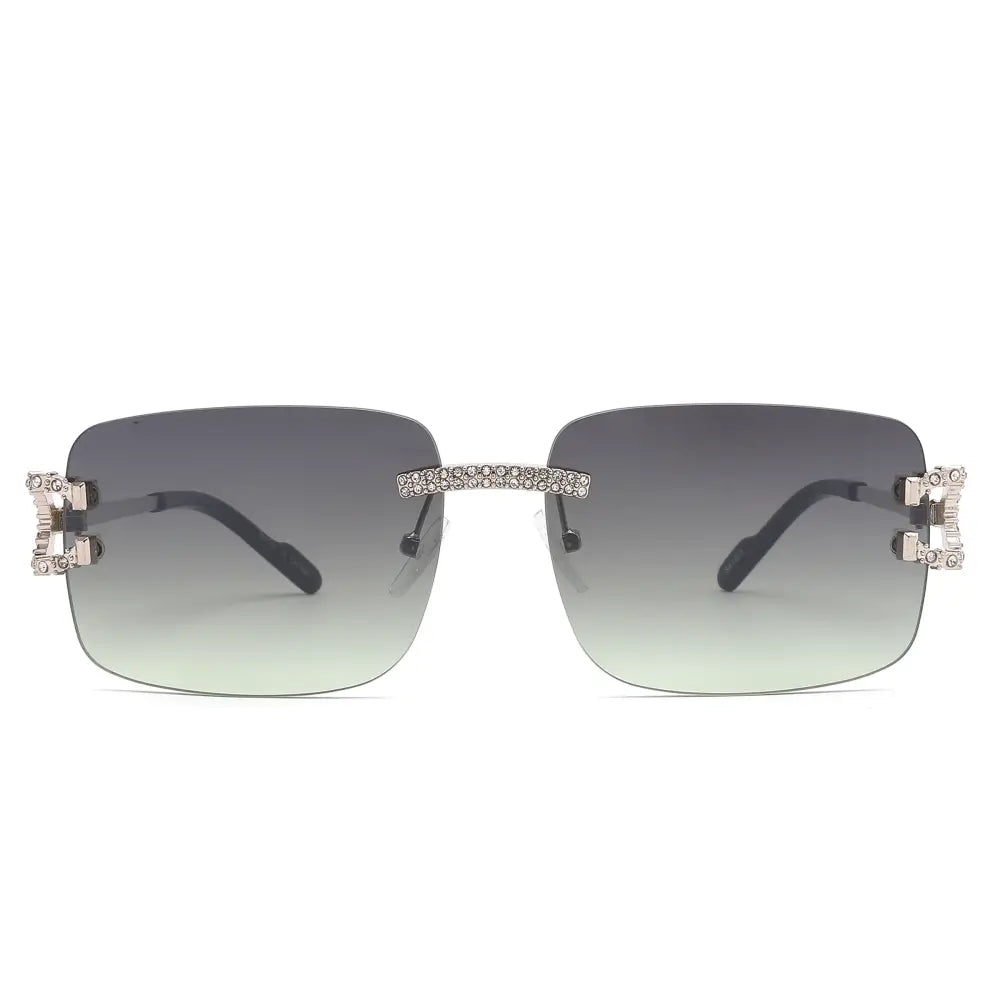 Set of 12 silver-framed sunglasses with gradient gray lenses and crystal embellishments on bridge and temples