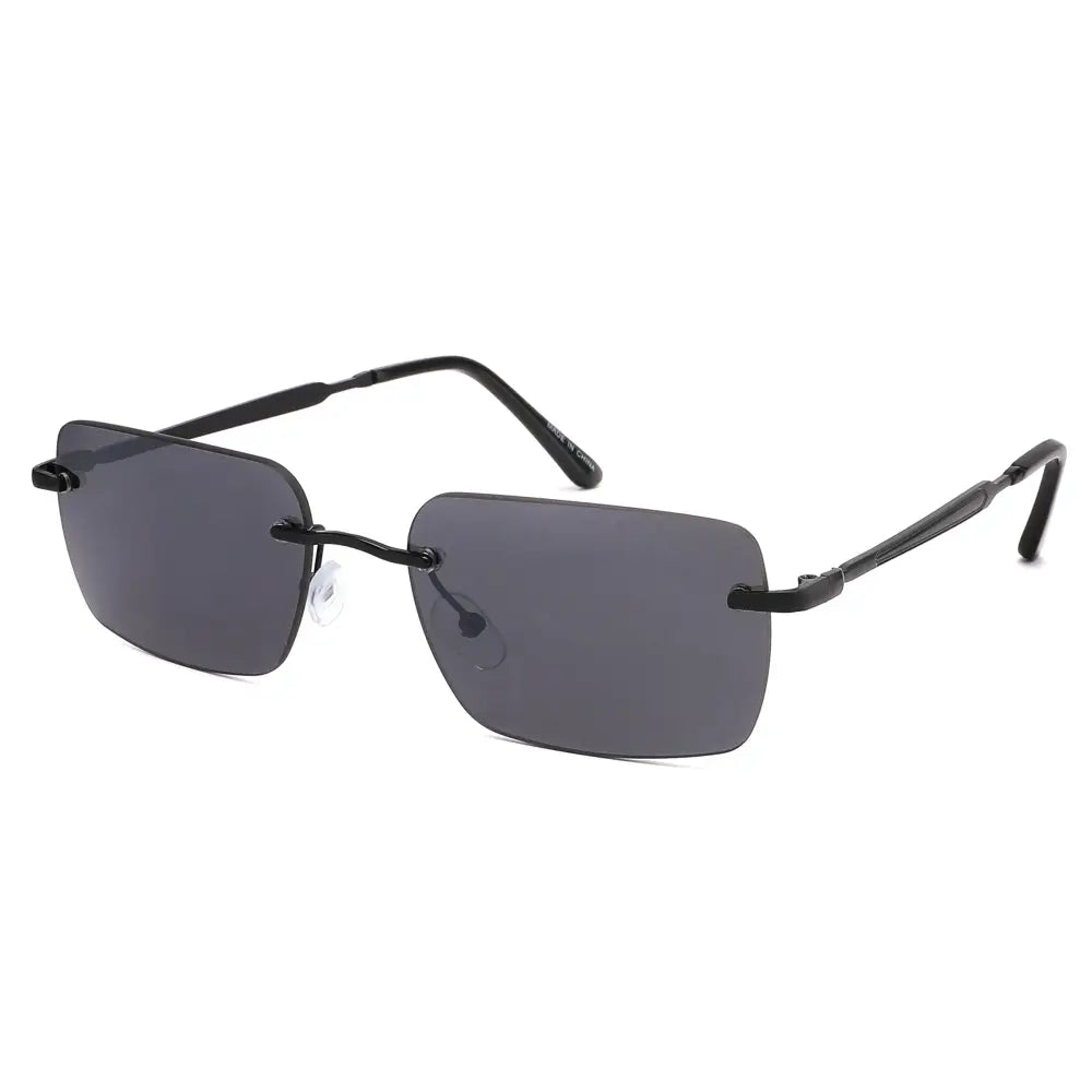 Set of 12 black rimless sunglasses with dark gray lenses featuring a minimalist frame design