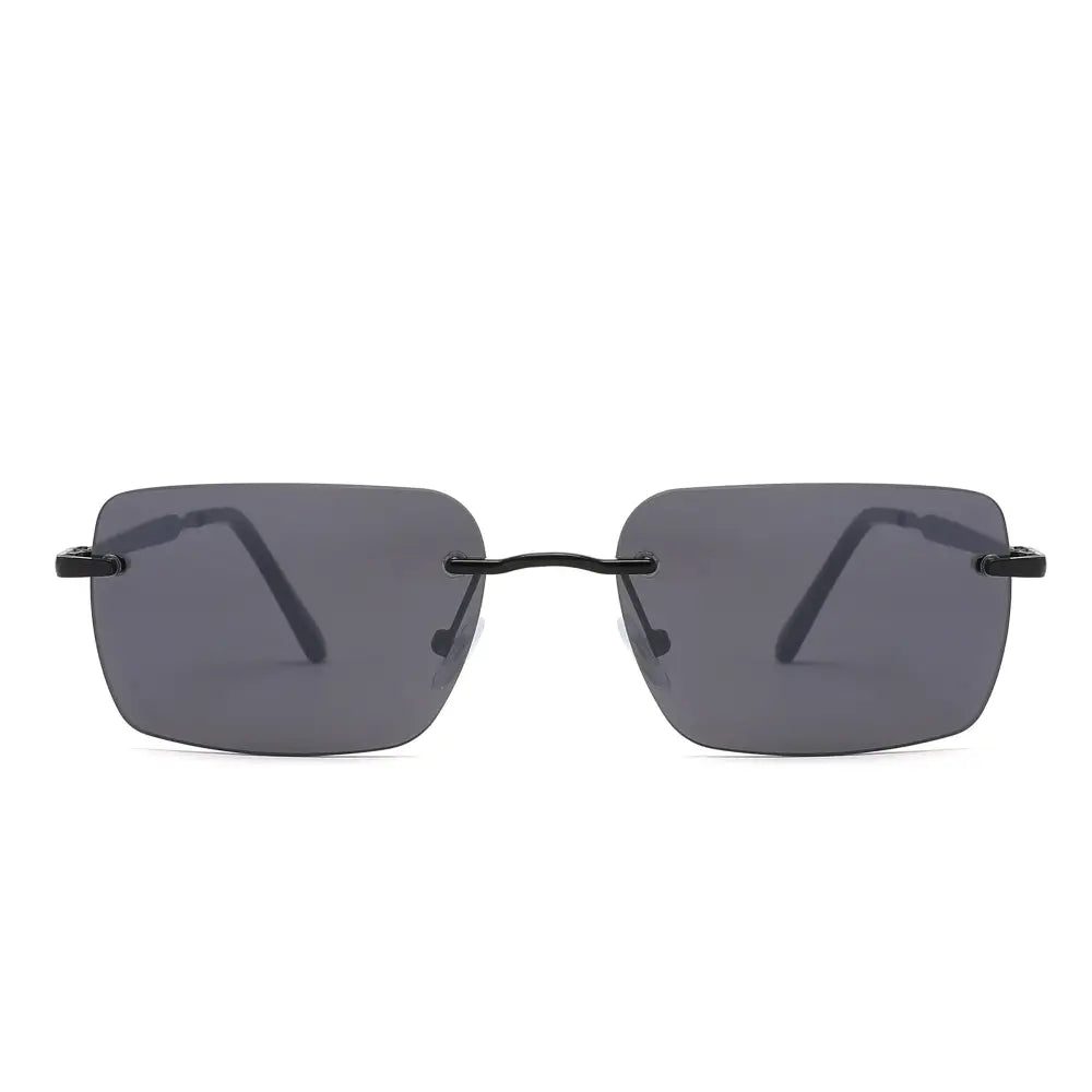 Set of 12 black rimless sunglasses with dark gray rectangular lenses and lightweight frame design