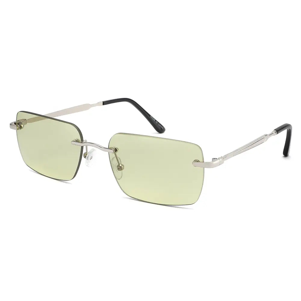 Set of 12 silver-framed rectangular sunglasses with light green tinted lenses and black temple tips