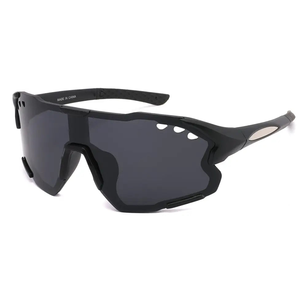 Set of 12 black sport sunglasses with sleek aerodynamic frames and dark gray lenses