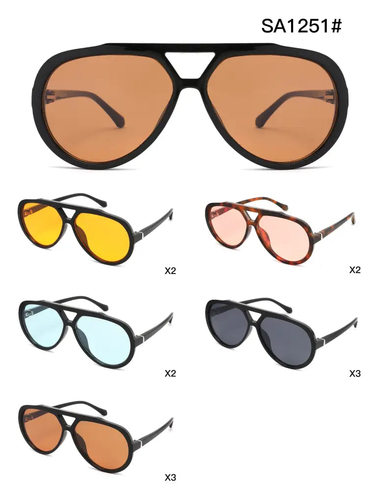 Black aviator sunglasses with black frames and amber-tinted lenses in a set of 12 model sa1251