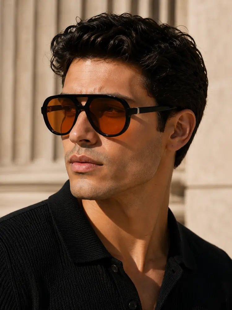 Sa1251 set of 12 aviator sunglasses with black frames and amber tinted lenses