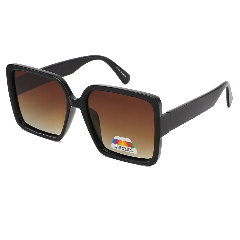 Set of 12 black square-framed sunglasses with gradient brown lenses and a plastic frame
