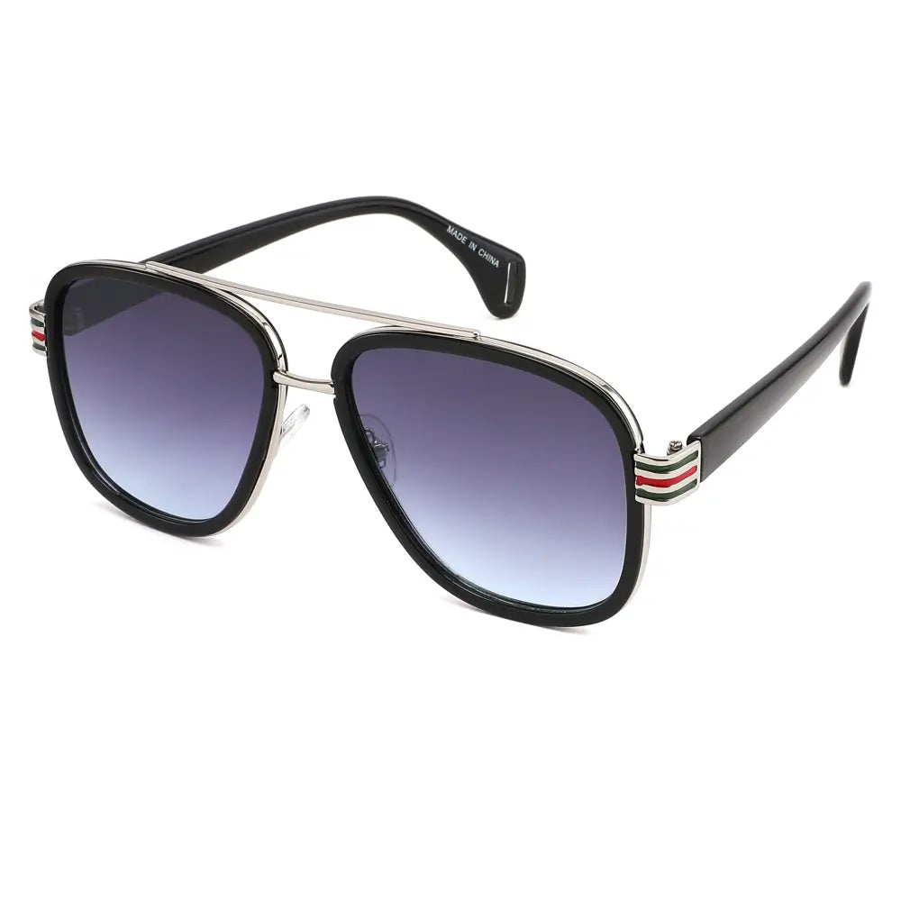 Aviator sunglasses set of 12 with black and silver frames, gradient blue lenses, and red, white, green striped temple accents