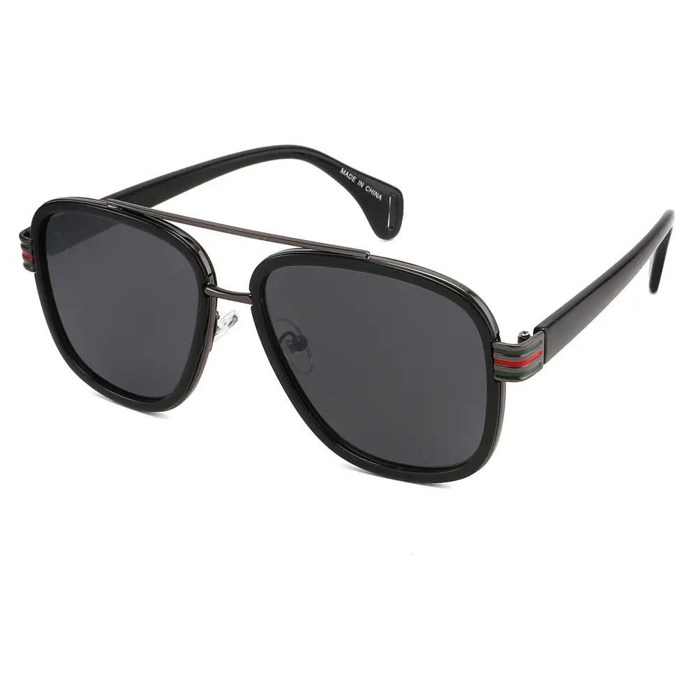 Black aviator sunglasses set of 12 with dark gray lenses and red and green striped accents on the temples