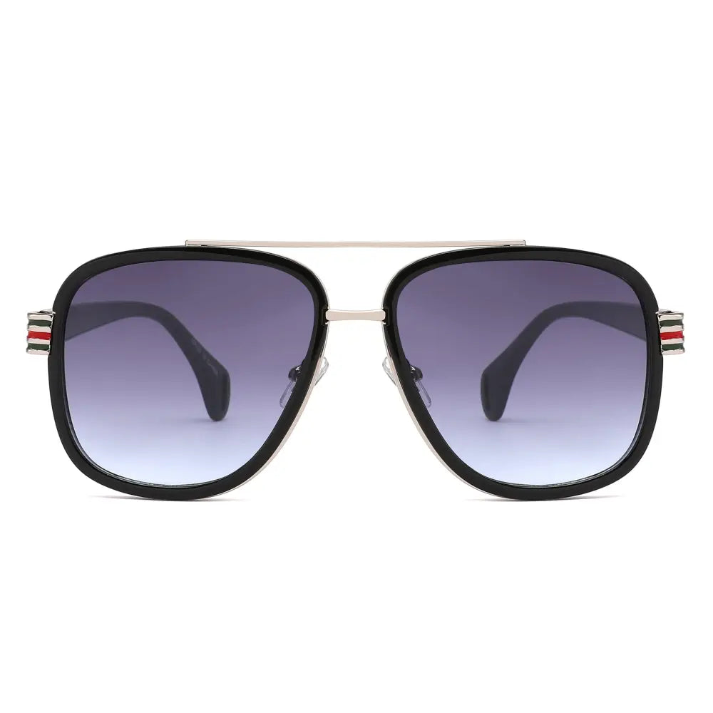 Set of 12 aviator sunglasses with black frames, gradient purple to blue lenses, and silver metal accents