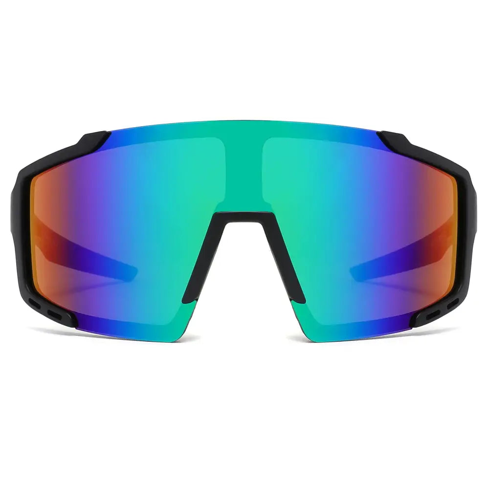 Black-framed sports sunglasses set of 12 with iridescent gradient lenses shifting from teal to blue and purple
