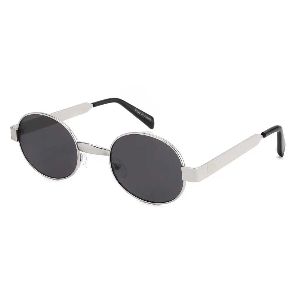 Juego de 12 gafas de sol redondas de montura plateada con lentes gris oscuro y terminales negros, modelo SA1267