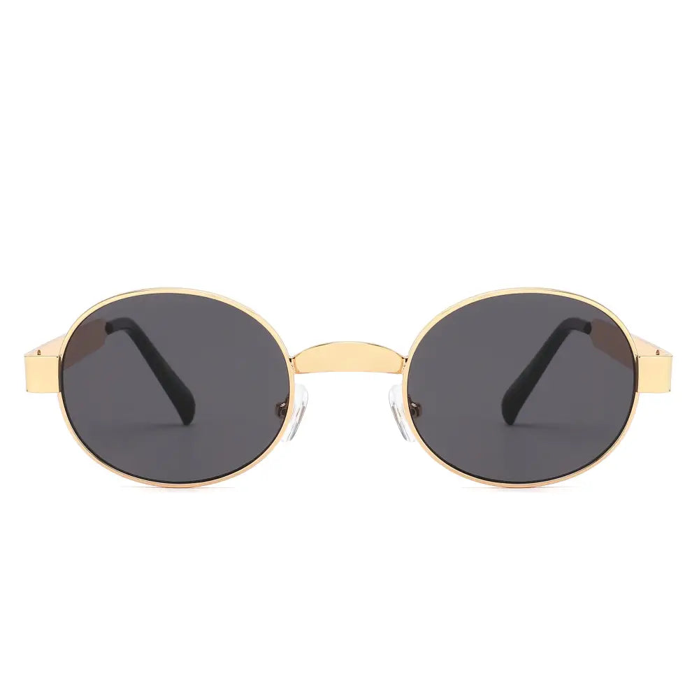 Juego de 12 gafas de sol redondas con aro dorado, lentes gris oscuro y terminales negros