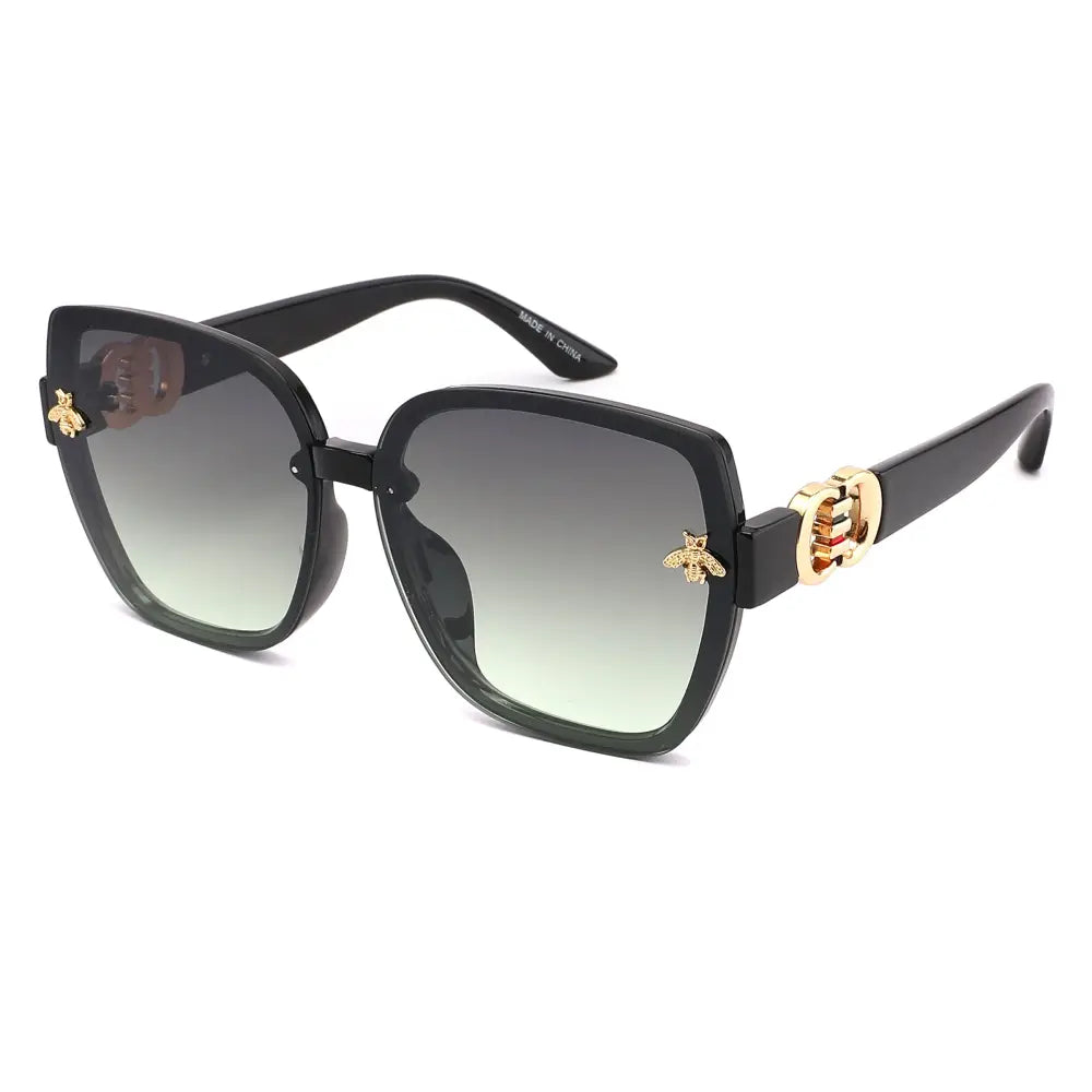 Black square-framed sunglasses with gradient gray lenses and gold bee embellishments on temples set of 12