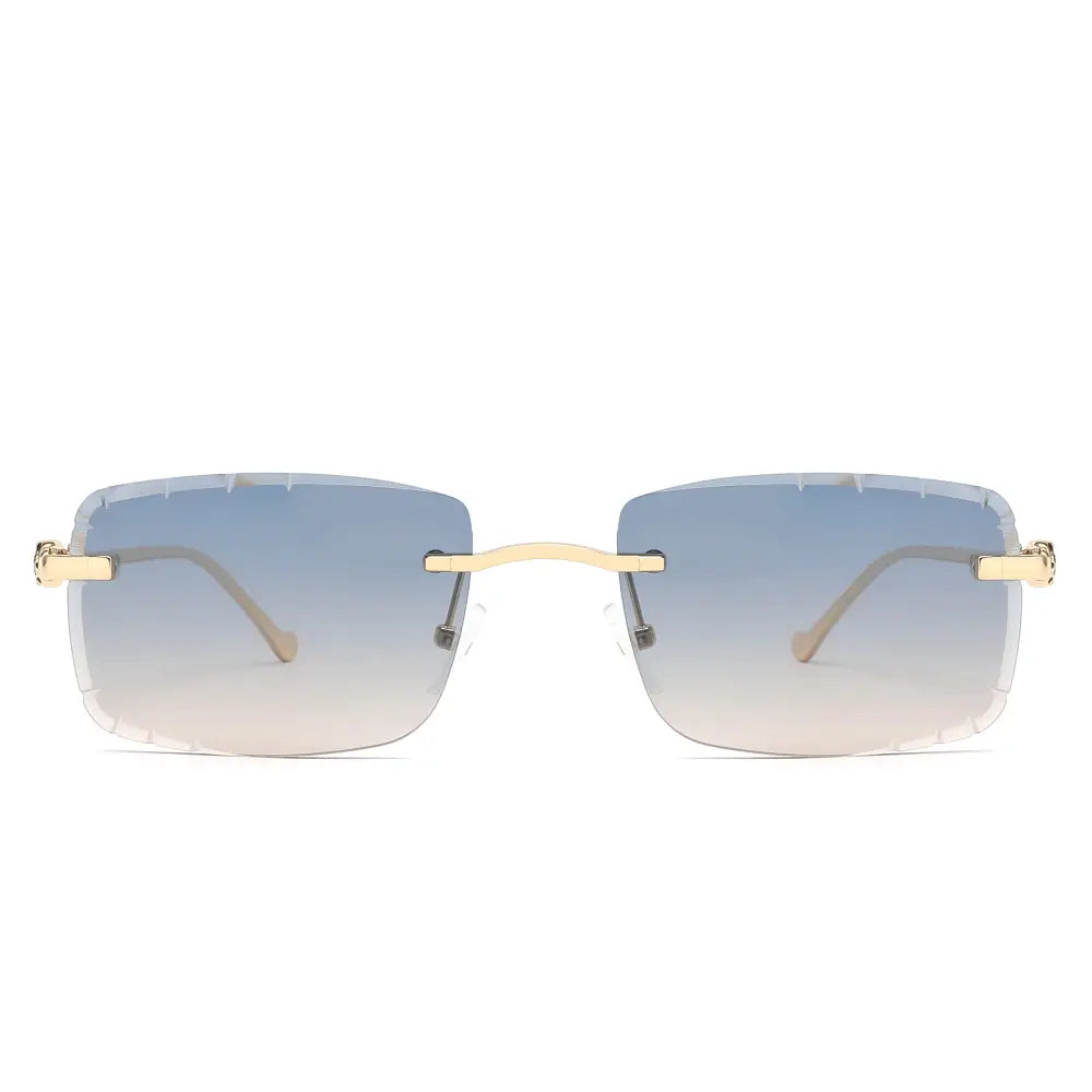 Set of 12 gold-rimmed rectangular sunglasses with gradient blue to white lenses