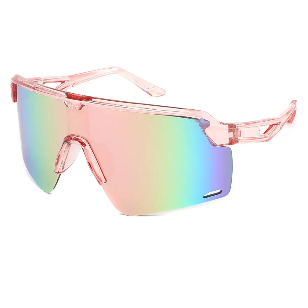 Set of 12 pink translucent plastic sports sunglasses with pink to blue gradient mirrored lenses sa1271