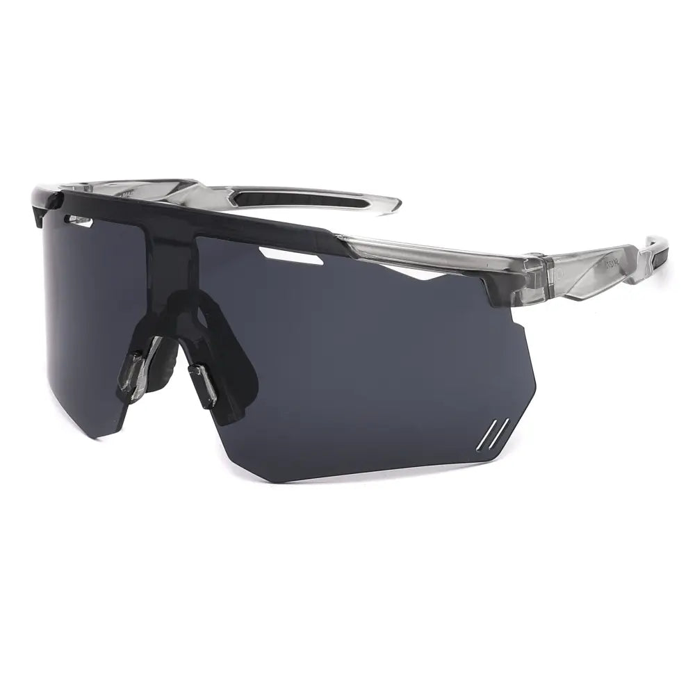Sport sunglasses set of 12 with black and transparent aerodynamic frames and dark gray lenses
