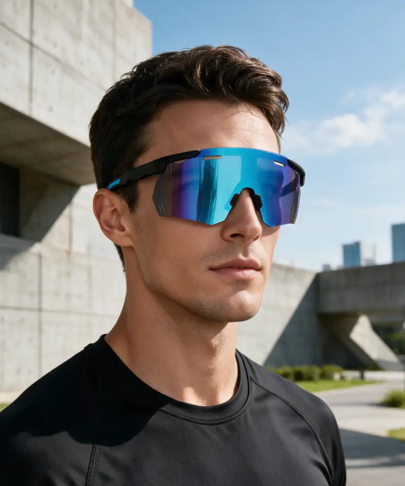Blue mirrored sports sunglasses with black rectangular frames in a set of 12 model sa1273