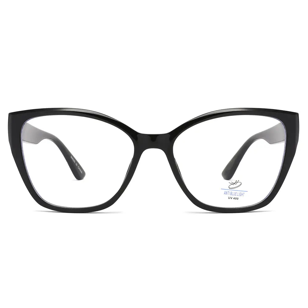 Black cat-eye framed eyeglasses with clear blue light blocking lenses and polarized clip-on sunglasses set of 12