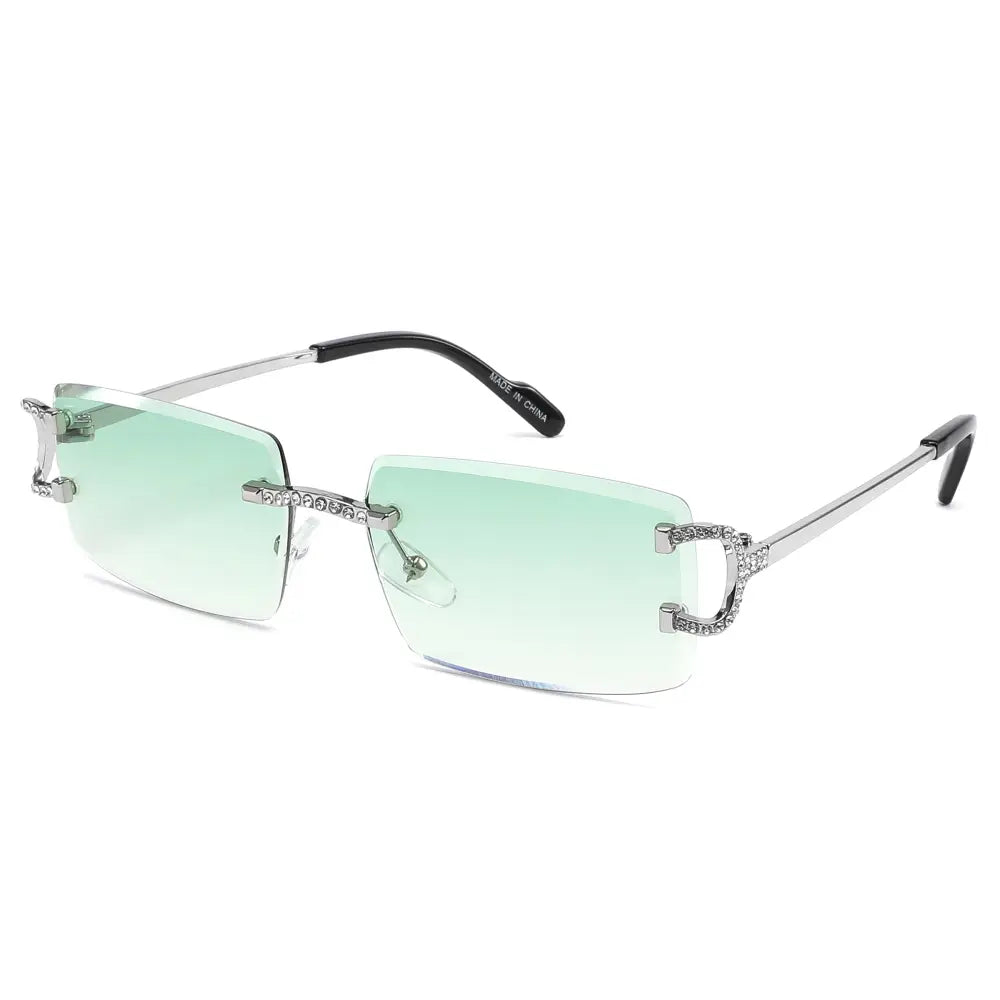 Silver-framed rectangular sunglasses with gradient green lenses and crystal-encrusted bridge and temple tips set of 12