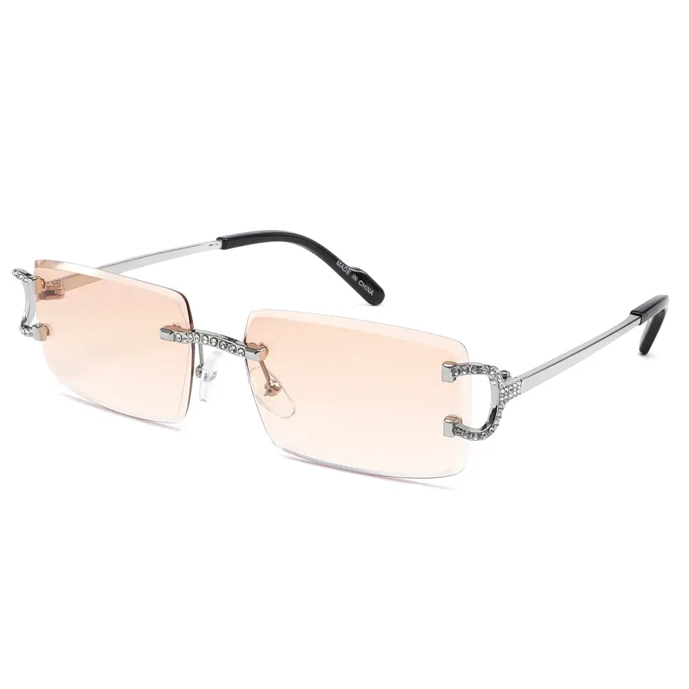 Silver-framed sunglasses with crystal-encrusted bridge and temples and gradient peach-tinted lenses set of 12