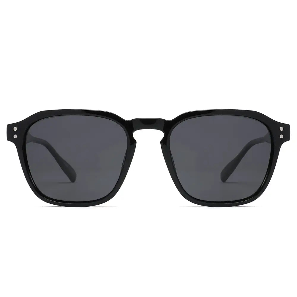 Black square-framed sunglasses with dark gray lenses and small silver rivets on the temples set of 12 sa1279p