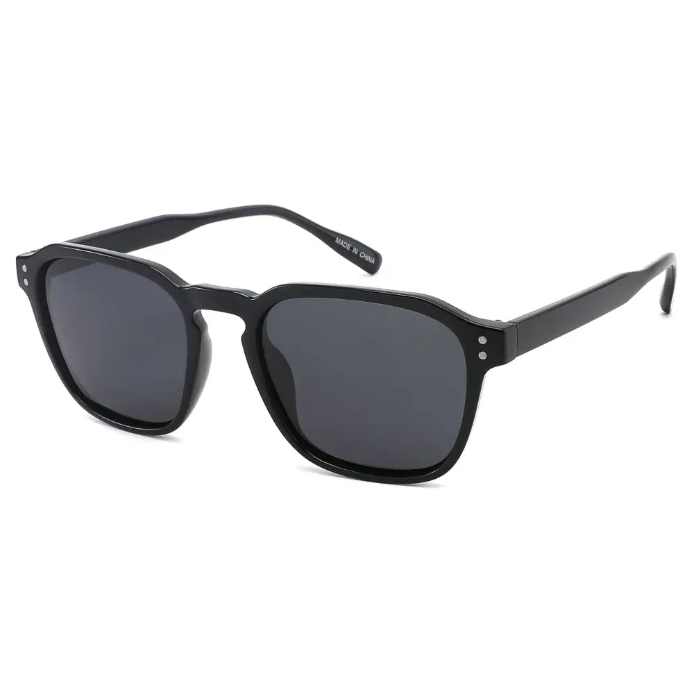 Black square-framed sunglasses sa1279p set of 12 with dark gray lenses and silver rivets on the temples