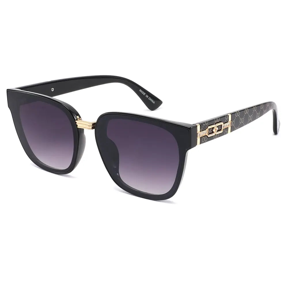 Black square-framed sunglasses with gradient purple lenses and gold-tone metal accents in a set of 12