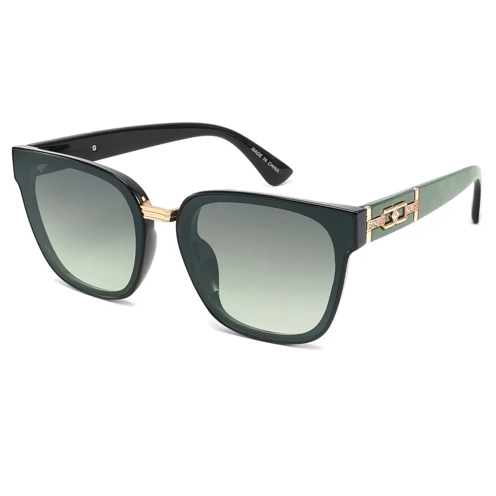 Set of 12 black square-framed sunglasses with gold-tone metal accents and gradient green lenses