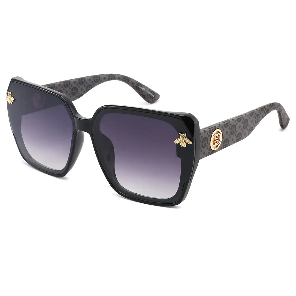 Black square-framed sunglasses with gradient purple lenses, gold bee charms, and circular logos on the temples set of 12