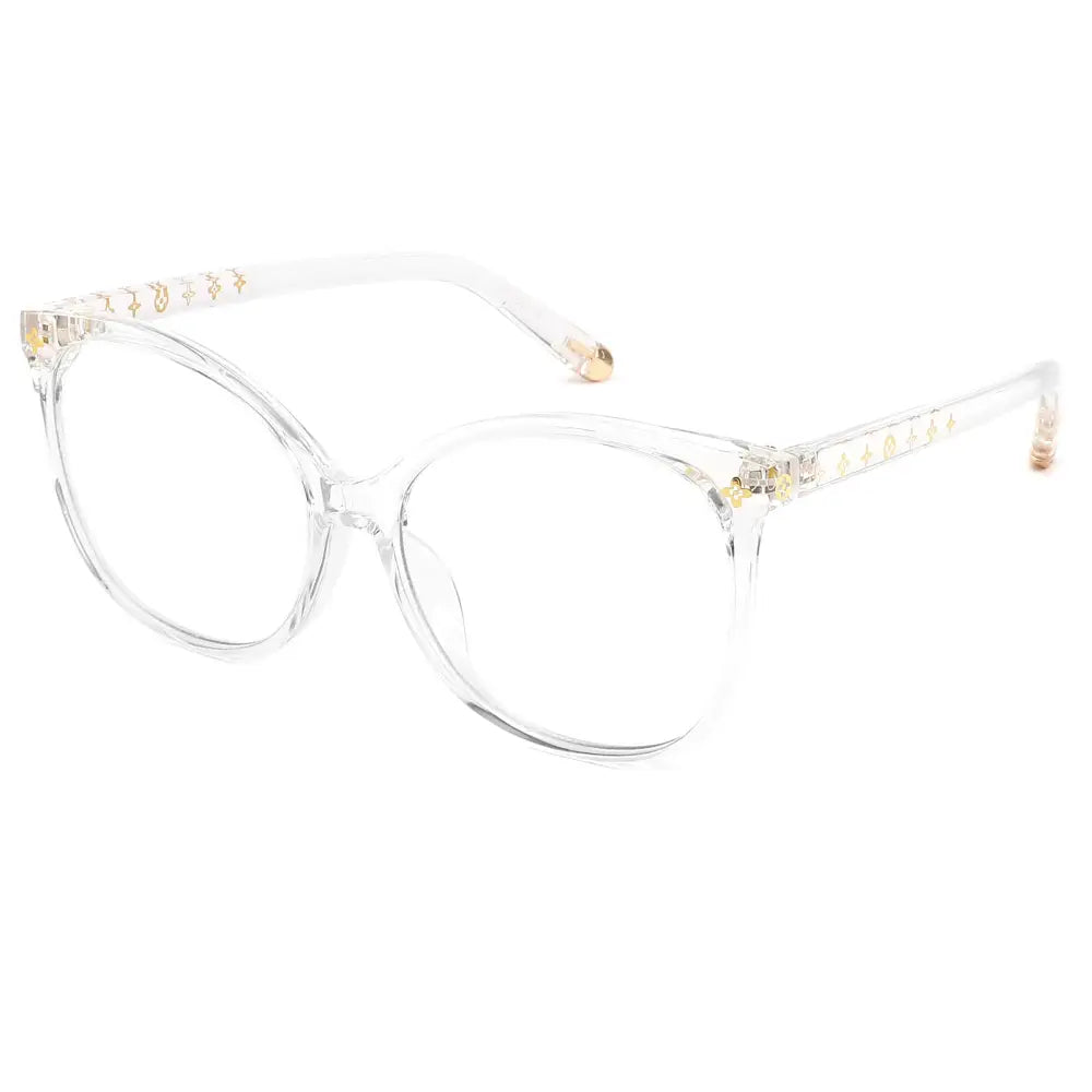 Clear acetate cat-eye blue light blocking glasses with gold-tone decorative accents on the temples