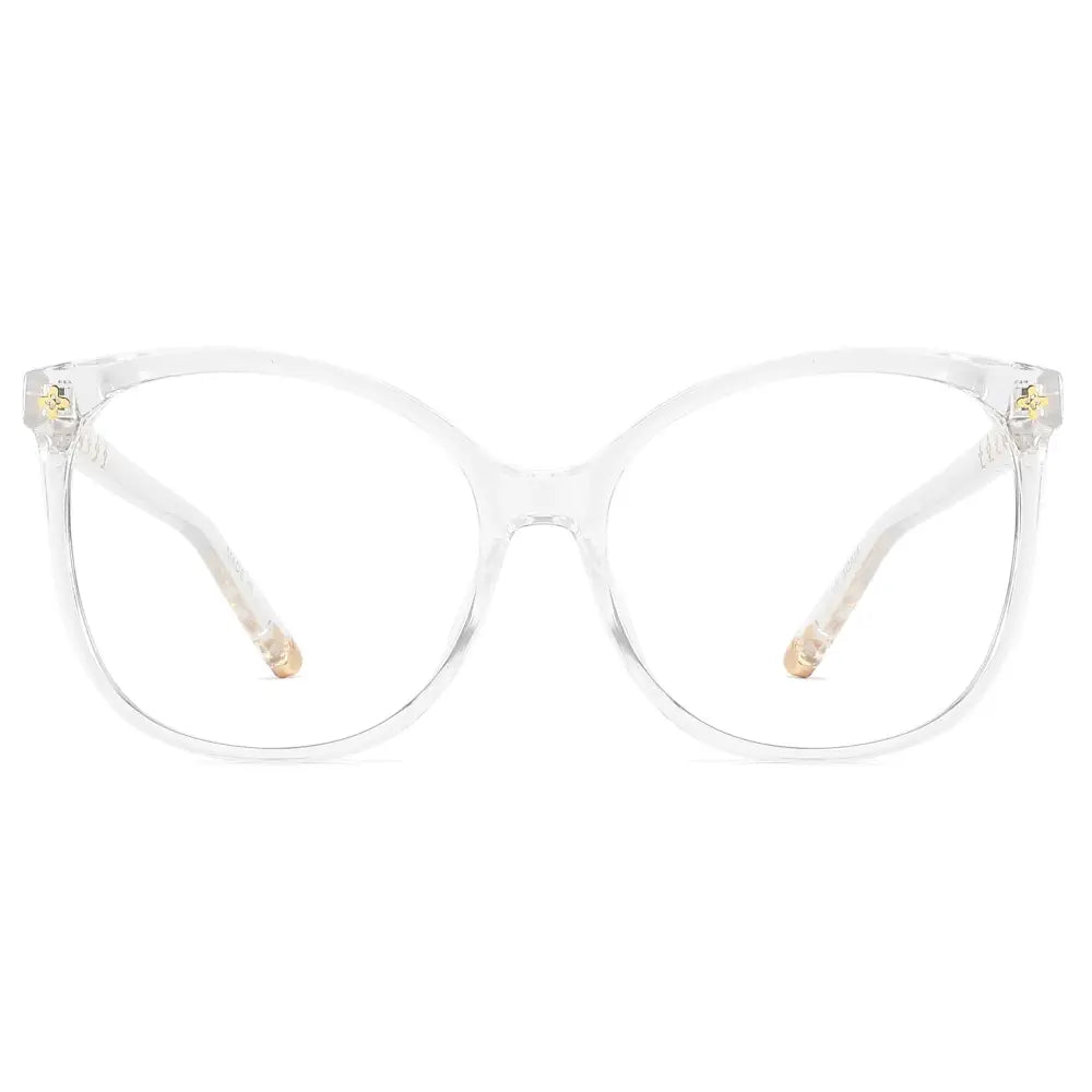 Clear acetate cat-eye glasses with blue light blocking lenses and gold-tone temple tips and hinge accents