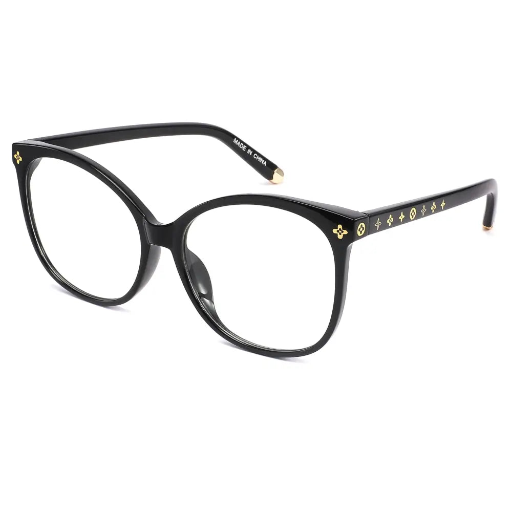 Black cat-eye glasses with gold-tone monogram logos on the temples and blue light blocking lenses set of 12