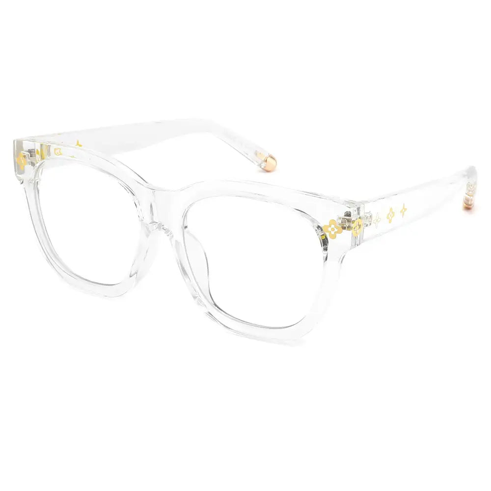 Clear acetate glasses frame with gold-tone floral logo accents and matching temple tips with blue light blocking lenses
