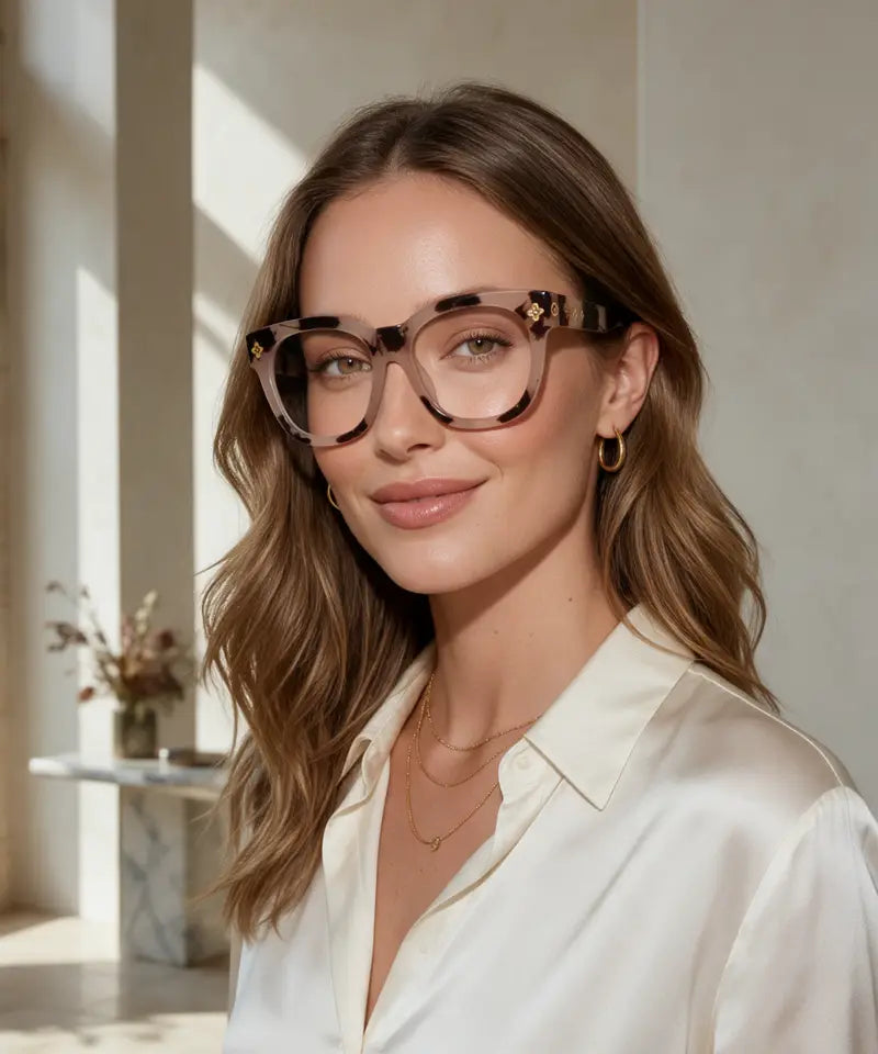 A woman with wavy light brown hair wearing thick, stylish square eyeglasses with a tortoiseshell pattern and gold decorative accents on the temples, paired with a cream satin shirt in a softly lit indoor setting.