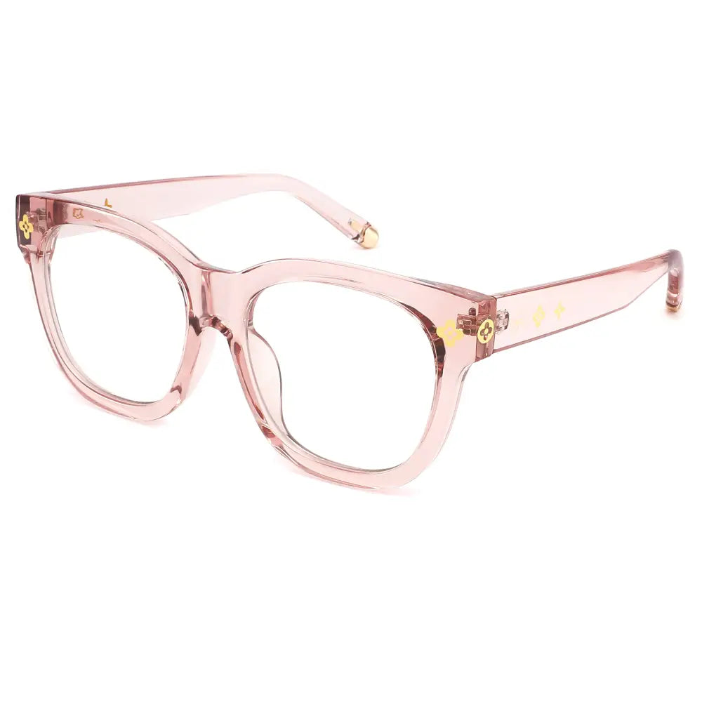 Pink translucent acetate cat-eye glasses with gold-tone hardware and blue light blocking lenses set of 12