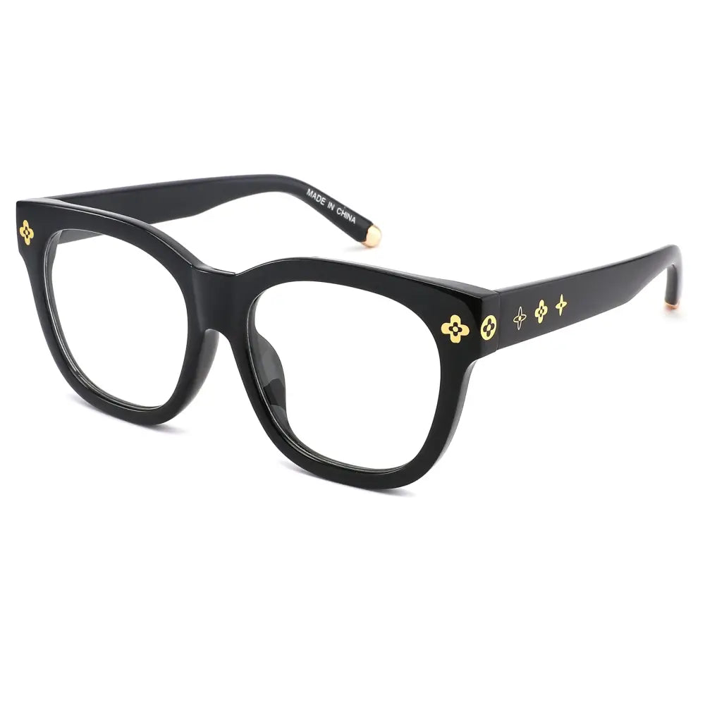Black rectangular frame blue light blocking glasses with gold floral and monogram accents on the temples set of 12