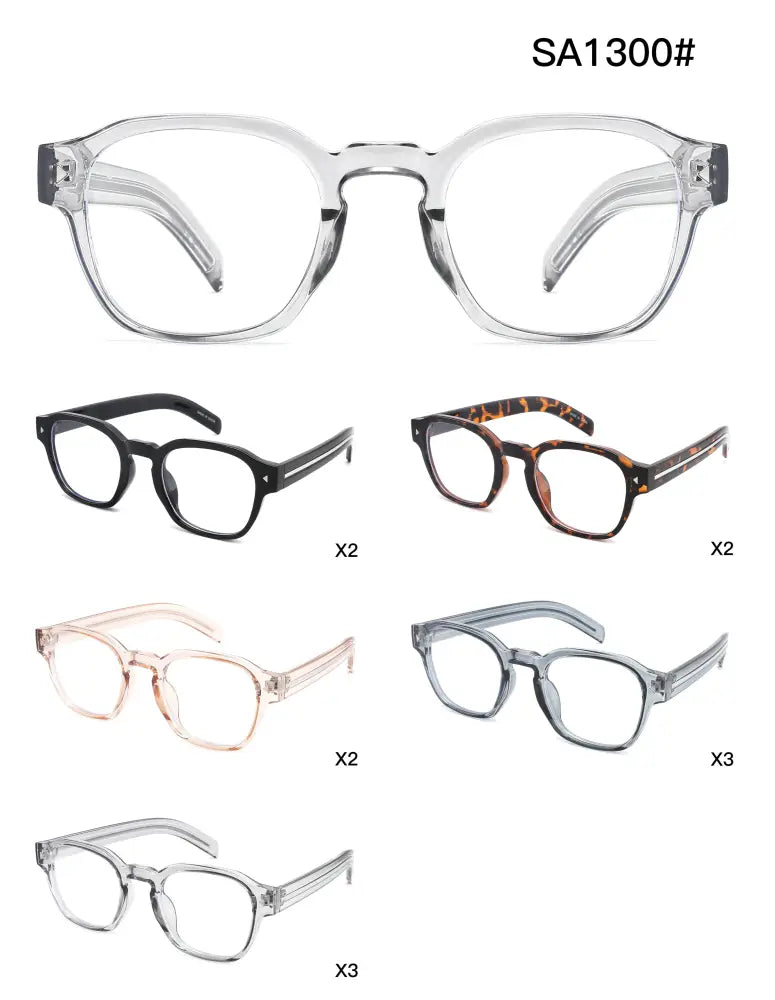 Clear rectangular eyeglasses with transparent temples and blue light blocking lenses in a set of 12 sa1300